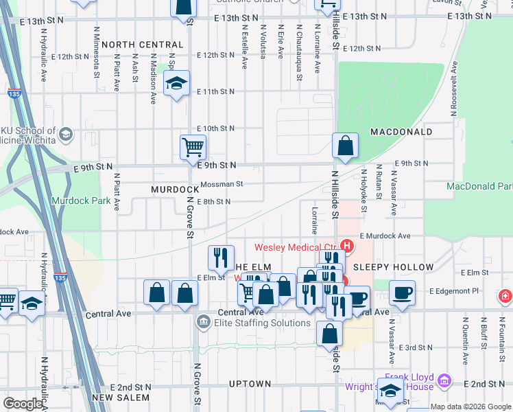 map of restaurants, bars, coffee shops, grocery stores, and more near 908 Volutsia in Wichita