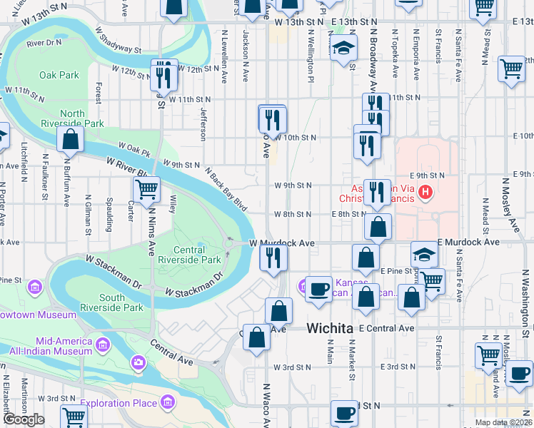 map of restaurants, bars, coffee shops, grocery stores, and more near 1400 West Museum Boulevard in Wichita