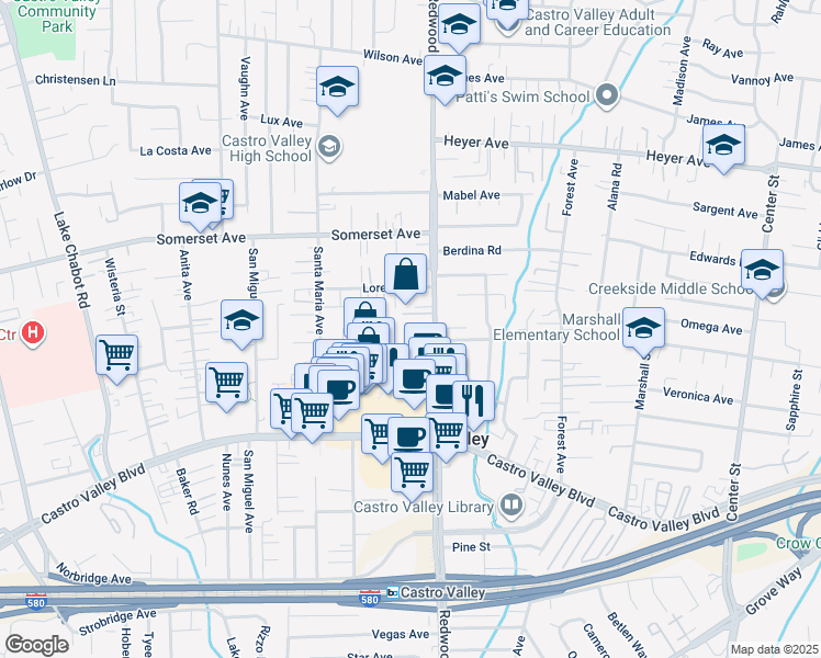 map of restaurants, bars, coffee shops, grocery stores, and more near 20115 Redwood Road in Castro Valley