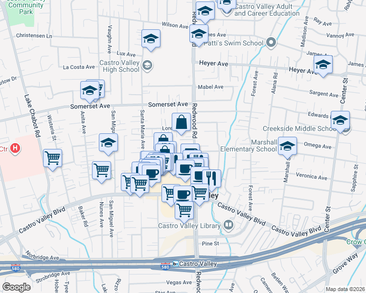 map of restaurants, bars, coffee shops, grocery stores, and more near 20115 Redwood Road in Castro Valley