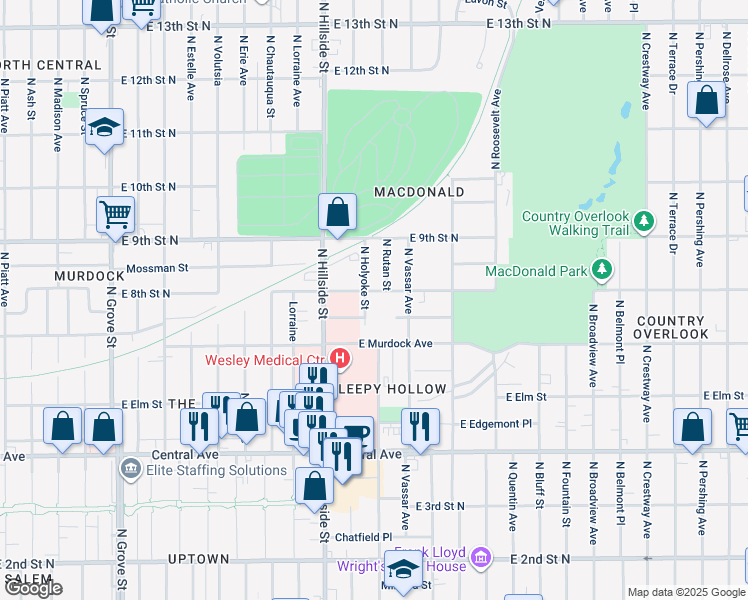 map of restaurants, bars, coffee shops, grocery stores, and more near 810 North Holyoke Street in Wichita