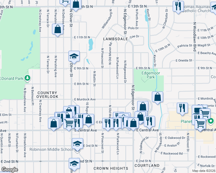 map of restaurants, bars, coffee shops, grocery stores, and more near 903 North Old Manor Road in Wichita