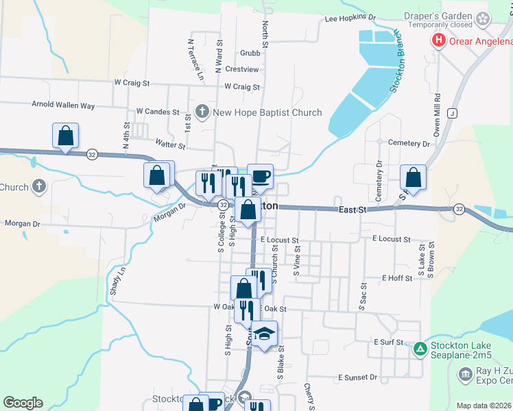 map of restaurants, bars, coffee shops, grocery stores, and more near in Stockton