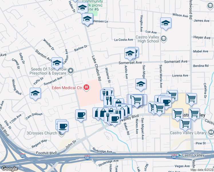 map of restaurants, bars, coffee shops, grocery stores, and more near 19989 Wisteria Street in Castro Valley