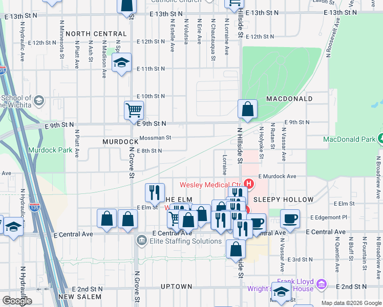 map of restaurants, bars, coffee shops, grocery stores, and more near 908 Volutsia in Wichita