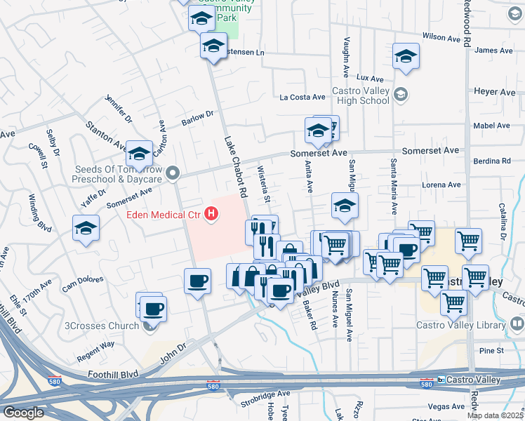 map of restaurants, bars, coffee shops, grocery stores, and more near 20071 Wisteria Street in Castro Valley