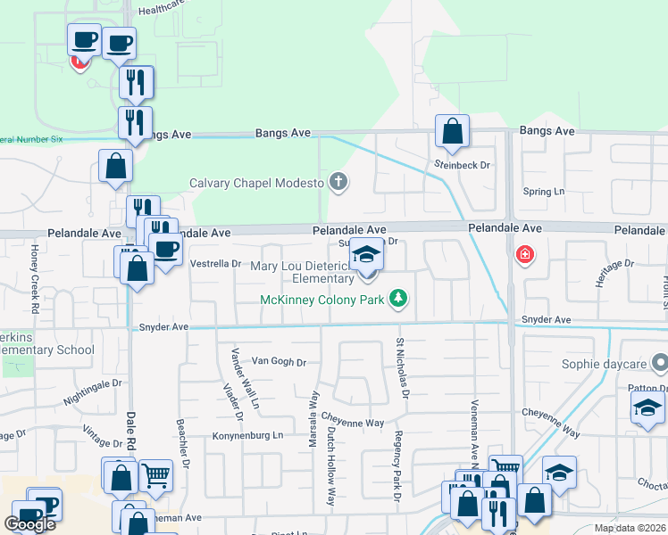 map of restaurants, bars, coffee shops, grocery stores, and more near 4113 Spring Mountain Court in Modesto