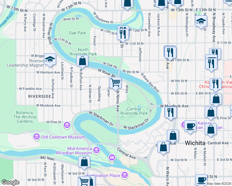 map of restaurants, bars, coffee shops, grocery stores, and more near 865 Nims North in Wichita