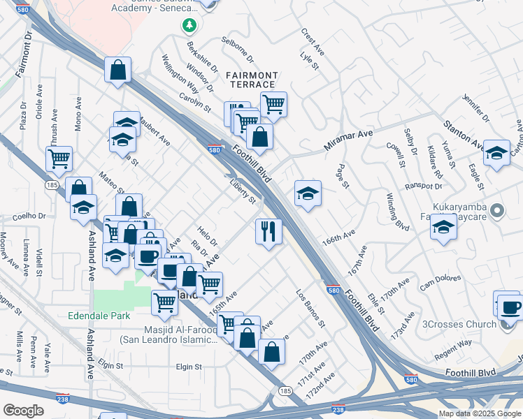 map of restaurants, bars, coffee shops, grocery stores, and more near Liberty Street & 164th Avenue in San Leandro