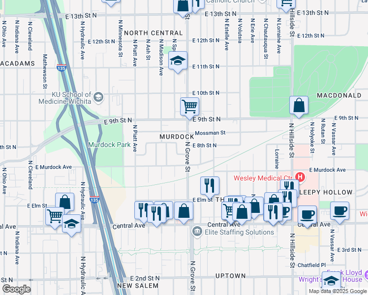 map of restaurants, bars, coffee shops, grocery stores, and more near 912 North Grove Street in Wichita