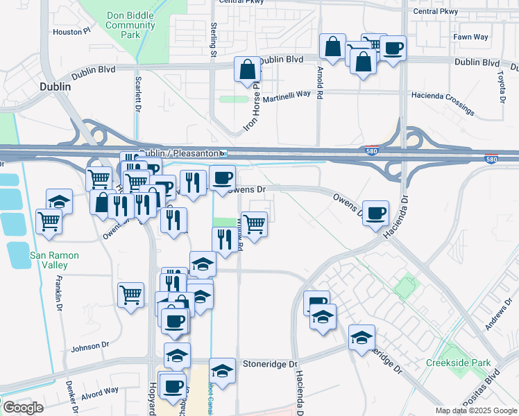 map of restaurants, bars, coffee shops, grocery stores, and more near 4747 Willow Road in Pleasanton