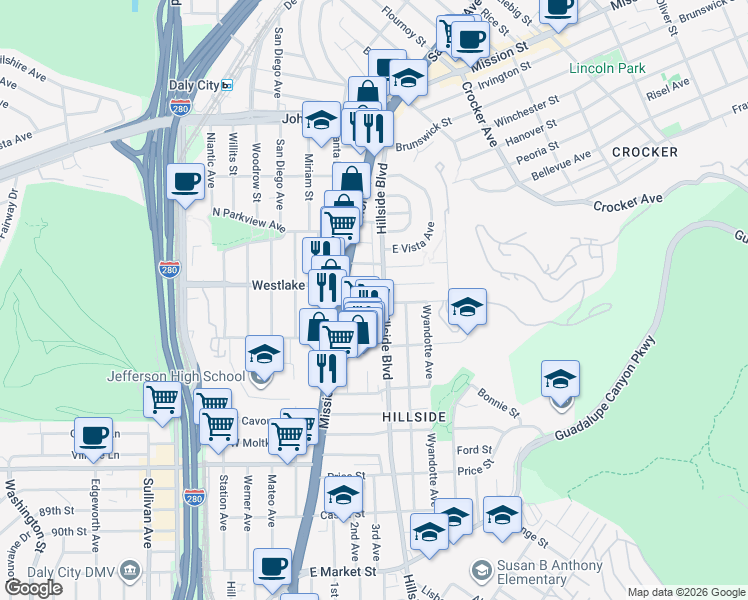 map of restaurants, bars, coffee shops, grocery stores, and more near 75 Gambetta Street in Daly City