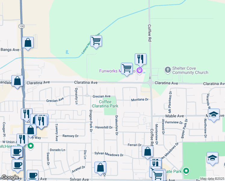 map of restaurants, bars, coffee shops, grocery stores, and more near 4228 Riggins Court in Modesto
