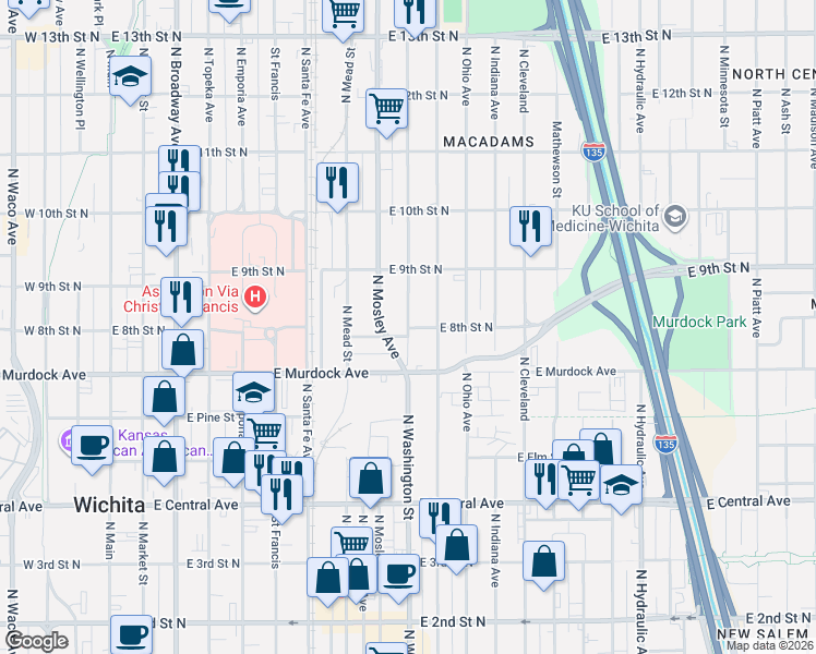 map of restaurants, bars, coffee shops, grocery stores, and more near 900 North Washington Street in Wichita
