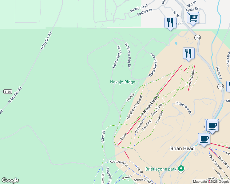 map of restaurants, bars, coffee shops, grocery stores, and more near 695 West Hunter Ridge Drive in Brian Head