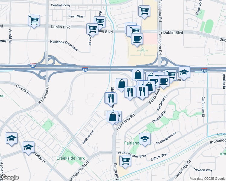 map of restaurants, bars, coffee shops, grocery stores, and more near 3880 Old Santa Rita Road in Pleasanton