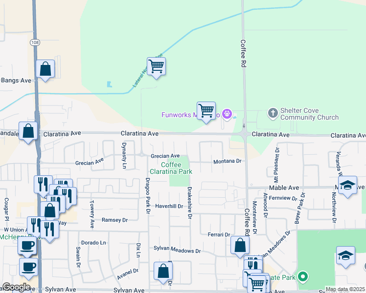 map of restaurants, bars, coffee shops, grocery stores, and more near 4228 Riggins Court in Modesto