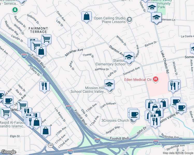 map of restaurants, bars, coffee shops, grocery stores, and more near 16661 Rolando Avenue in San Leandro