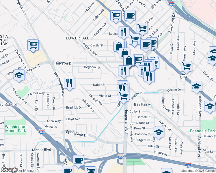map of restaurants, bars, coffee shops, grocery stores, and more near 931 Hollyhock Drive in San Leandro