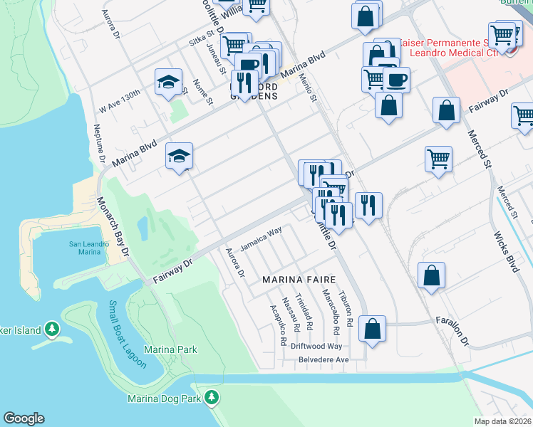 map of restaurants, bars, coffee shops, grocery stores, and more near 2340 West Avenue 136th in San Leandro