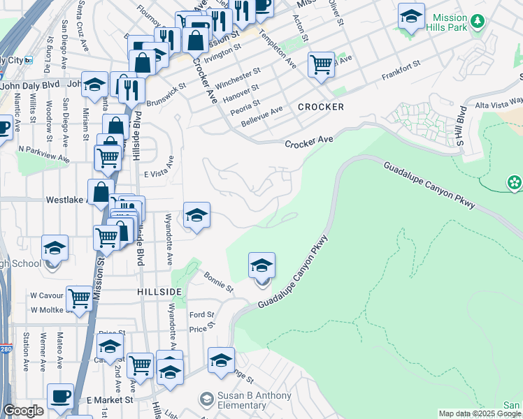 map of restaurants, bars, coffee shops, grocery stores, and more near 671 Pointe Pacific Drive in Daly City