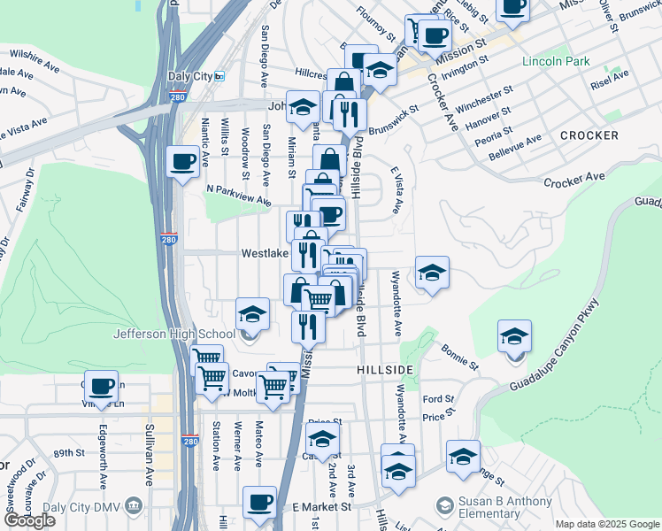 map of restaurants, bars, coffee shops, grocery stores, and more near 41 Eastlake Avenue in Daly City