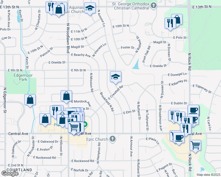 map of restaurants, bars, coffee shops, grocery stores, and more near 805 North Armour Street in Wichita