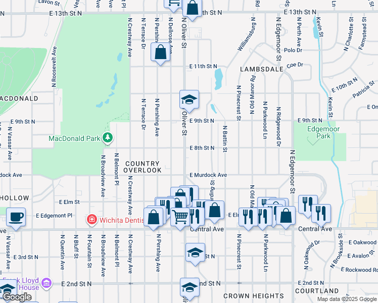 map of restaurants, bars, coffee shops, grocery stores, and more near 903 North Glendale Street in Wichita