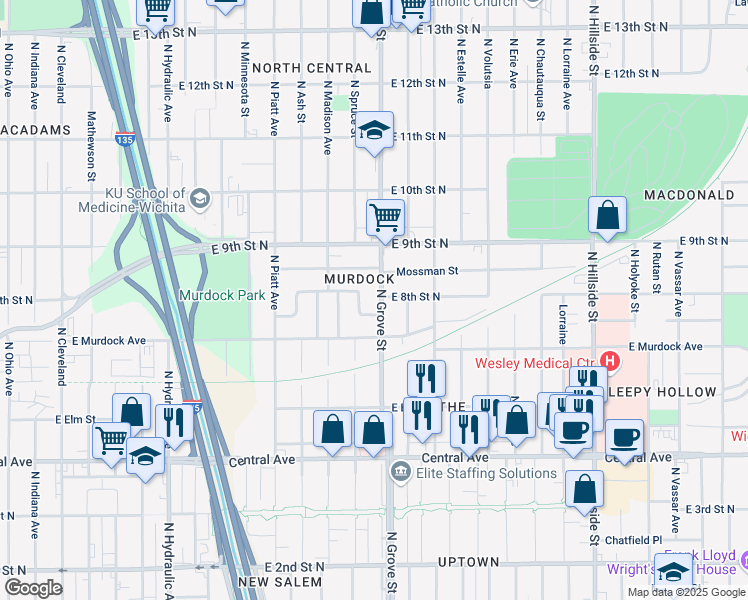 map of restaurants, bars, coffee shops, grocery stores, and more near 912 North Grove Street in Wichita