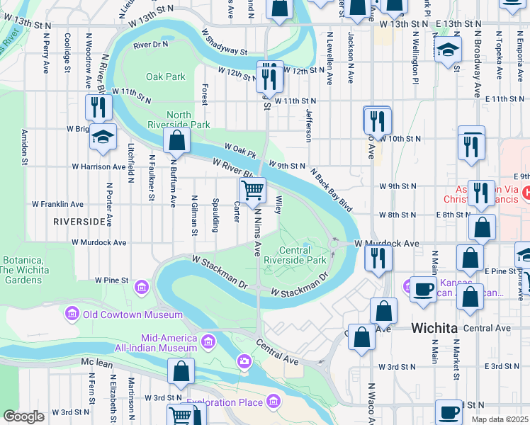 map of restaurants, bars, coffee shops, grocery stores, and more near 818 Franklin Street in Wichita