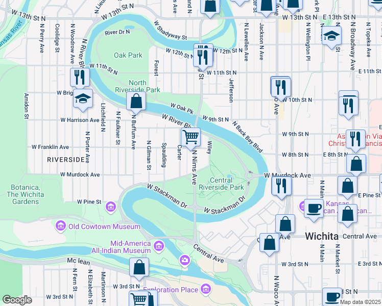 map of restaurants, bars, coffee shops, grocery stores, and more near 818 Franklin Street in Wichita