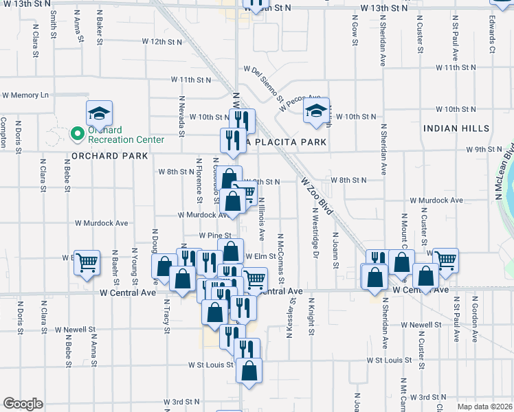 map of restaurants, bars, coffee shops, grocery stores, and more near 808 North West Street in Wichita