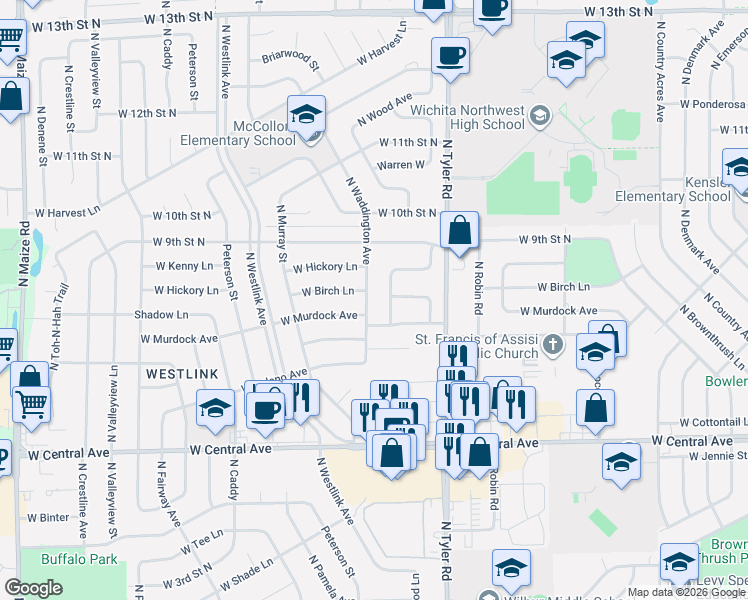 map of restaurants, bars, coffee shops, grocery stores, and more near 856 North Waddington Avenue in Wichita