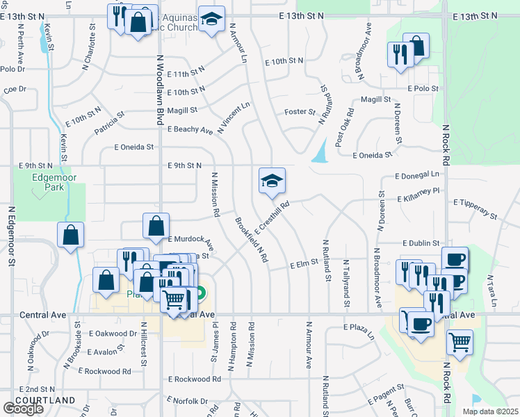 map of restaurants, bars, coffee shops, grocery stores, and more near 805 North Armour Street in Wichita