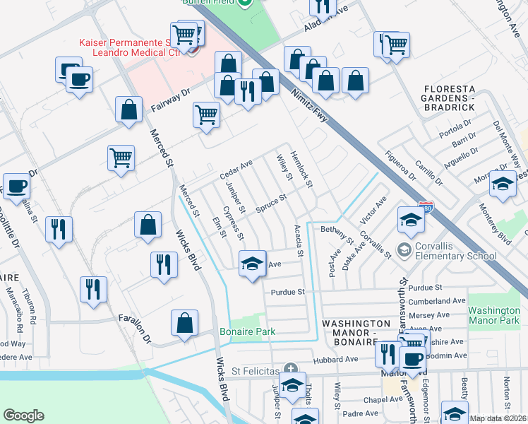 map of restaurants, bars, coffee shops, grocery stores, and more near 14510 Locust Street in San Leandro