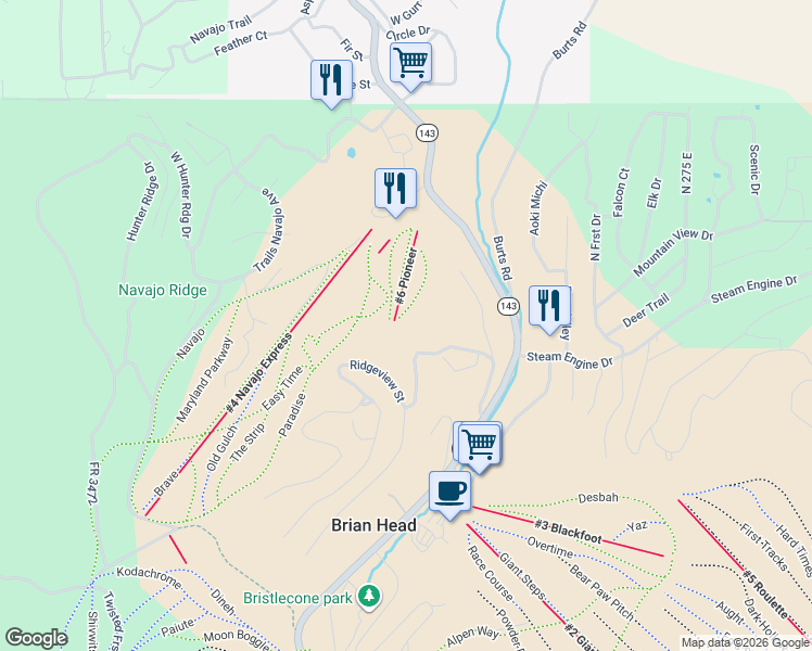 map of restaurants, bars, coffee shops, grocery stores, and more near 160 Ridgeview Street in Brian Head