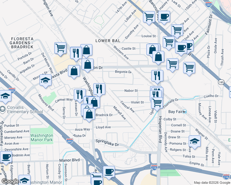 map of restaurants, bars, coffee shops, grocery stores, and more near 439 Nabor Street in San Leandro