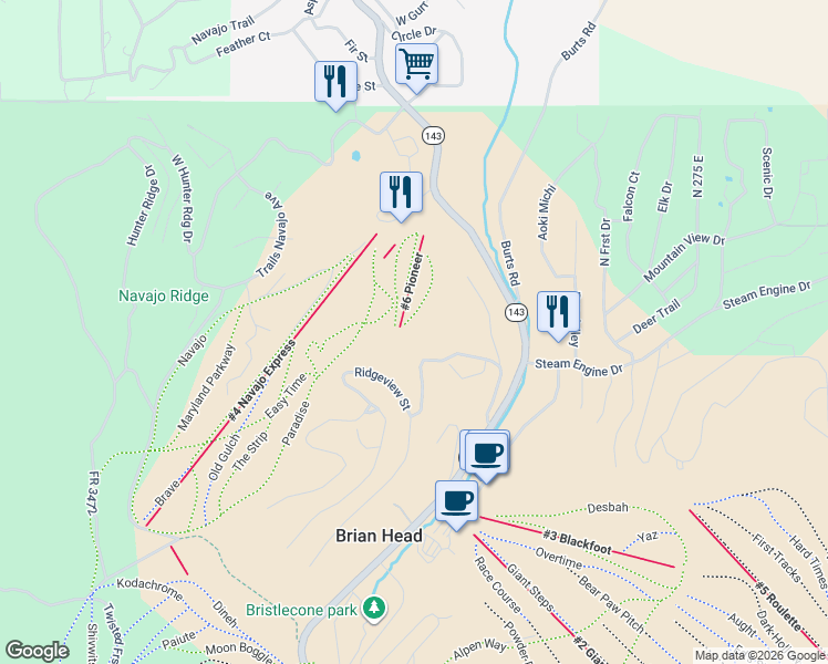 map of restaurants, bars, coffee shops, grocery stores, and more near 160 Ridgeview Street in Brian Head