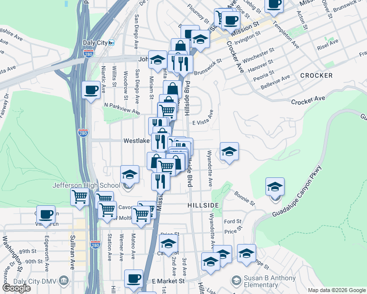 map of restaurants, bars, coffee shops, grocery stores, and more near 75 Gambetta Street in Daly City