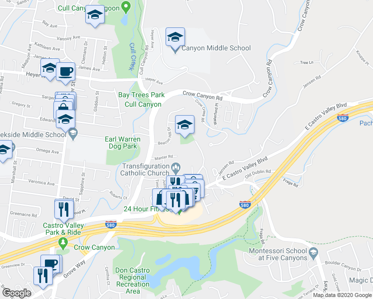 map of restaurants, bars, coffee shops, grocery stores, and more near 21201 Independent School Road in Castro Valley