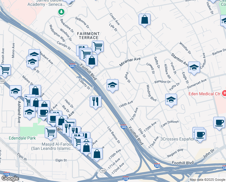 map of restaurants, bars, coffee shops, grocery stores, and more near 2030 Miramonte Avenue in San Leandro