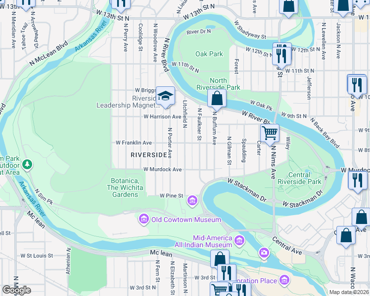 map of restaurants, bars, coffee shops, grocery stores, and more near 846 Litchfield Street in Wichita