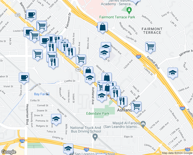 map of restaurants, bars, coffee shops, grocery stores, and more near 16006 East 14th Street in San Leandro