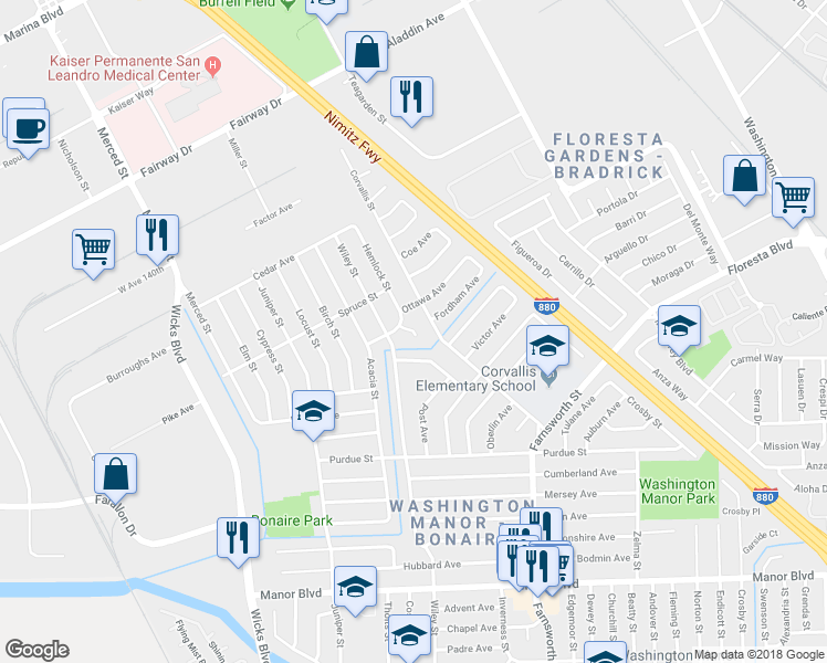 map of restaurants, bars, coffee shops, grocery stores, and more near 1301 Coppa Court in San Leandro