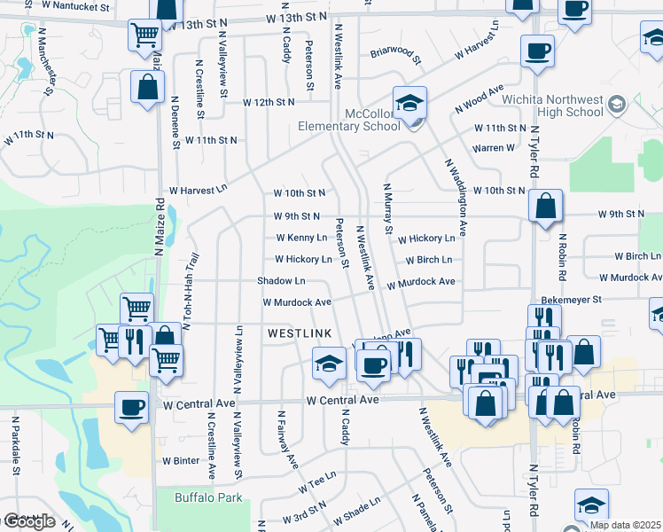 map of restaurants, bars, coffee shops, grocery stores, and more near 958 Peterson Street in Wichita
