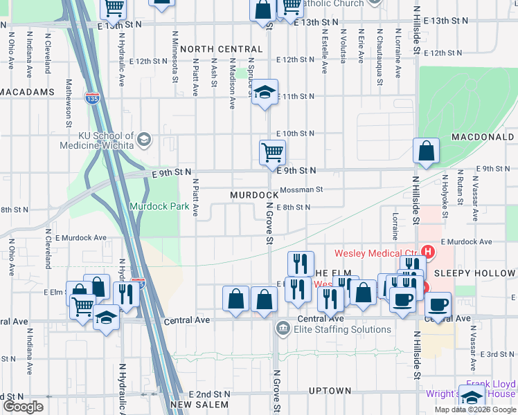 map of restaurants, bars, coffee shops, grocery stores, and more near 2220 East Random in Wichita