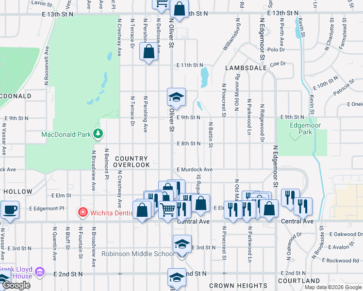 map of restaurants, bars, coffee shops, grocery stores, and more near 903 North Glendale Street in Wichita