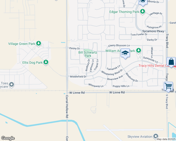 map of restaurants, bars, coffee shops, grocery stores, and more near 4348 Roxbury Drive in Tracy