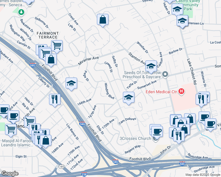 map of restaurants, bars, coffee shops, grocery stores, and more near 16661 Rolando Avenue in San Leandro