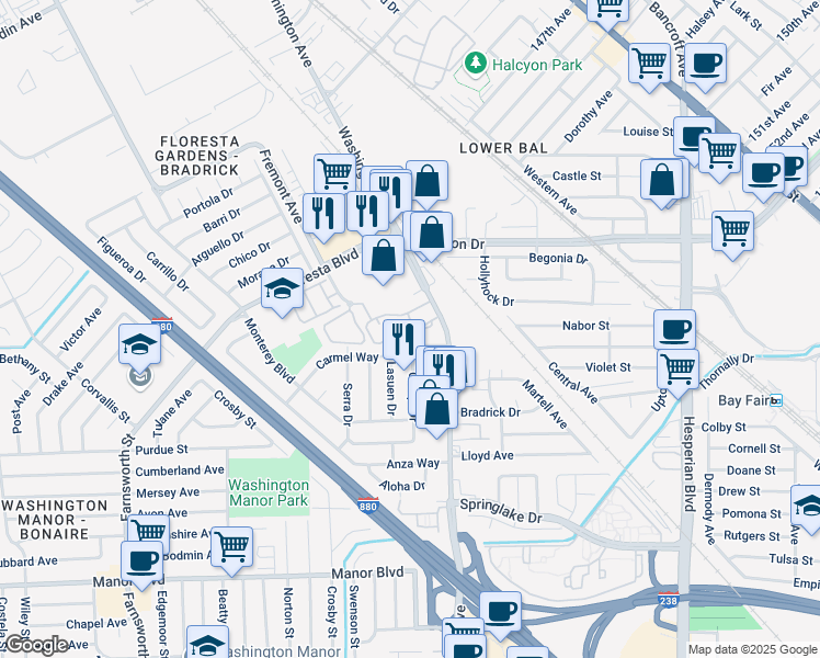 map of restaurants, bars, coffee shops, grocery stores, and more near 68 Caliente Circle in San Leandro